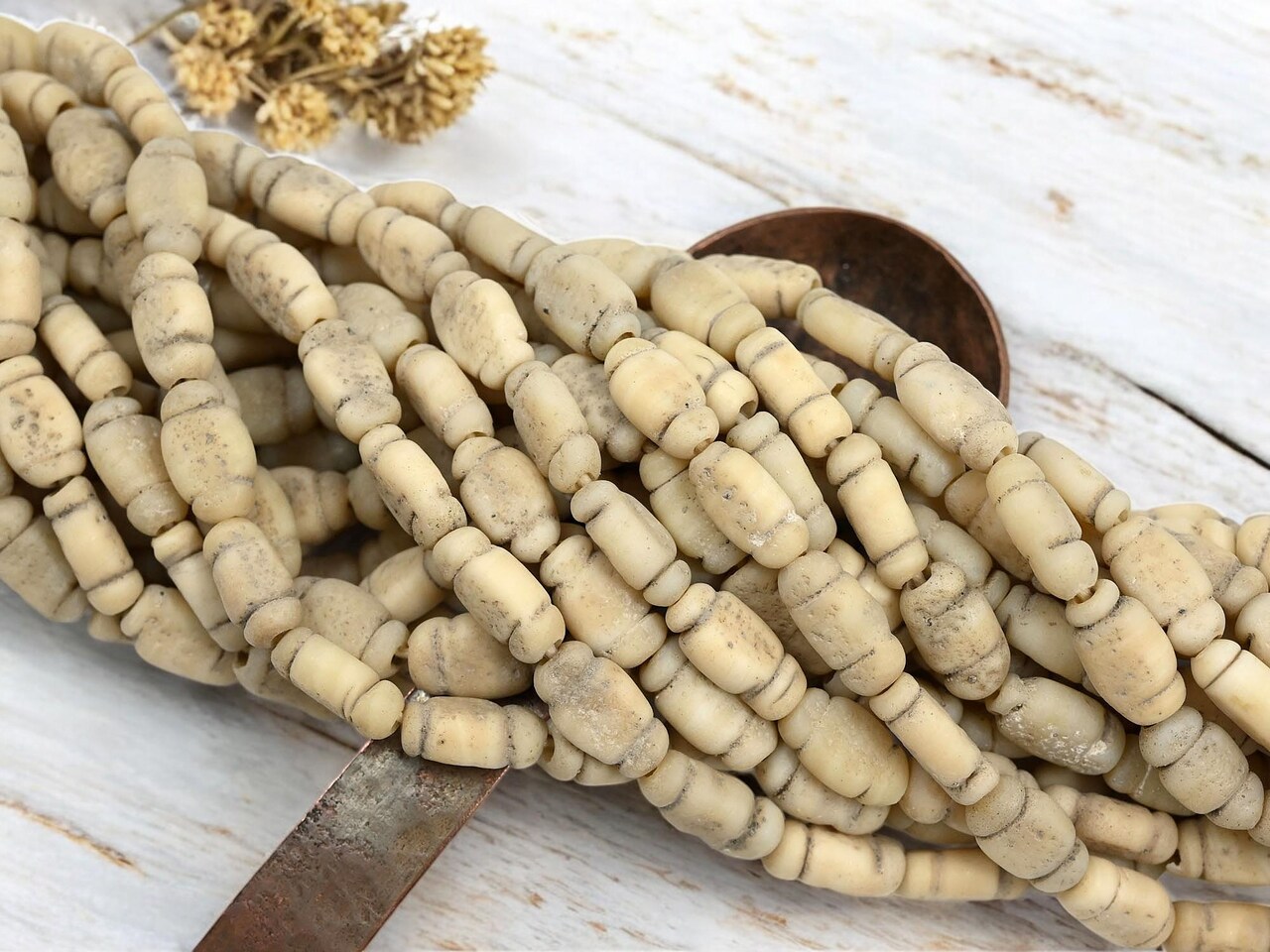 14x8mm Rustic Aged Opaque Bisque Ivory Indonesian Java Glass "Bottle" Beads (18" Strand)